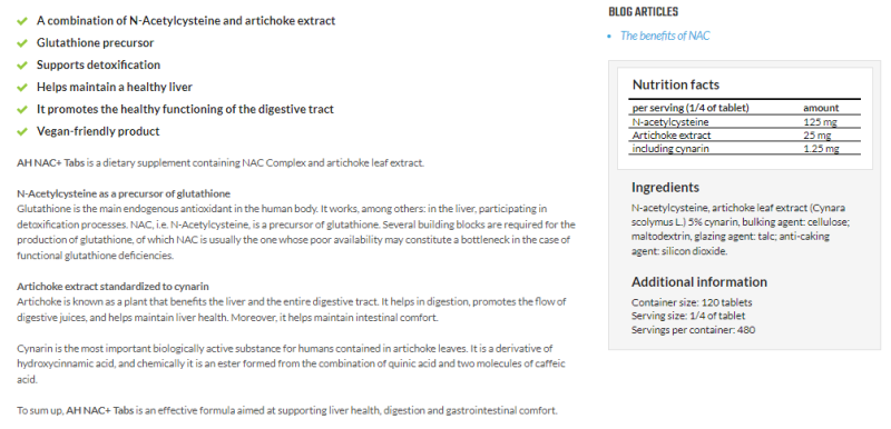 N-Acetyl L-cysteine +Artisjokk (NAC+) 500mg - 120 tabs - Bilde 2
