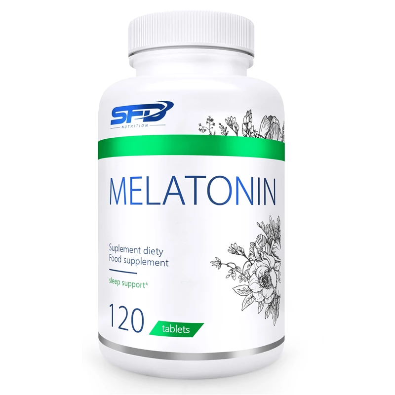 Bilde av Melatonin 1 mg 120 tabletter – SFD, hvit boks med grønn stripe og blomstergrafikk