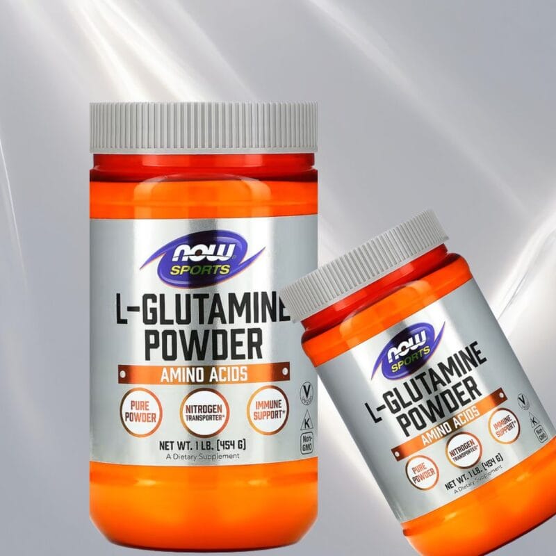 L-glutamin pulver fra NOW Sports i 454 g boks; rent fri-form pulver som er lett å blande