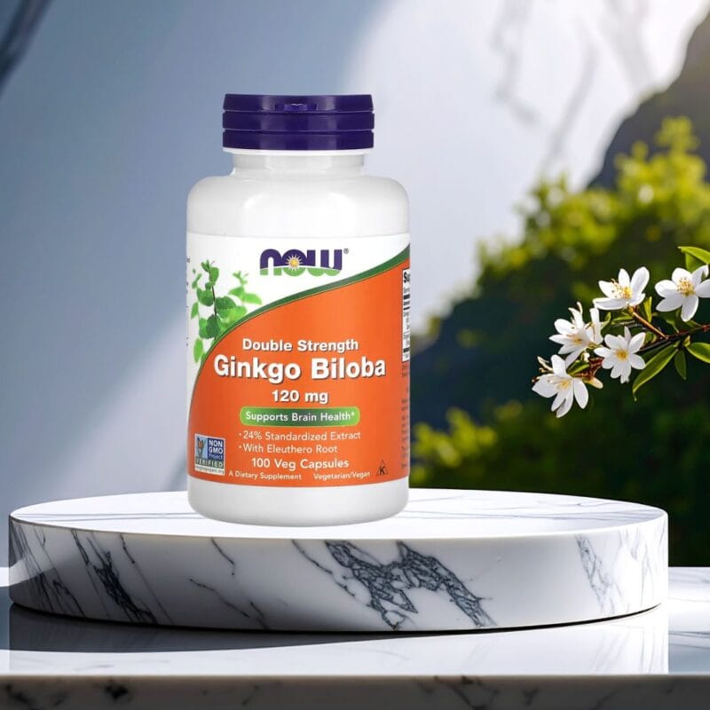 NOW Foods Ginkgo Biloba 120 mg med eleuthero – plantebasert kosttilskudd, 100 kapsler