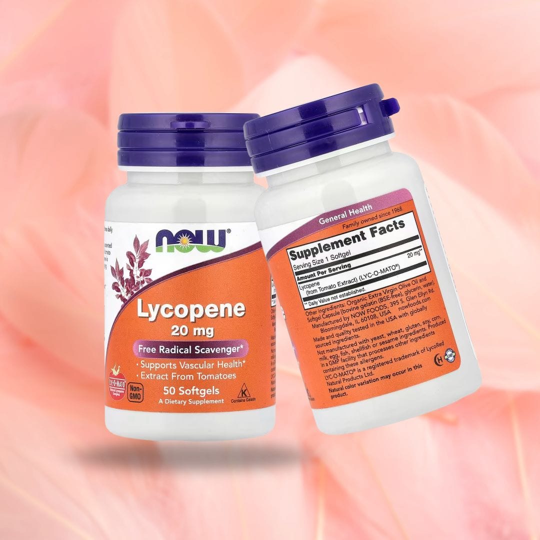 NOW Foods lykopen 20 mg kapsler – framside av boksen