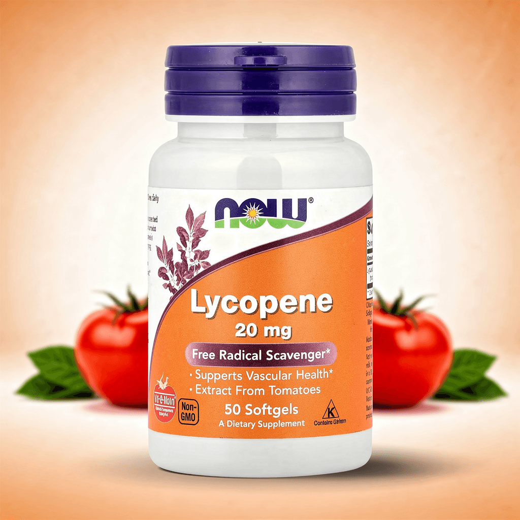 NOW Foods lykopen 20 mg kapsler – framside av boksen