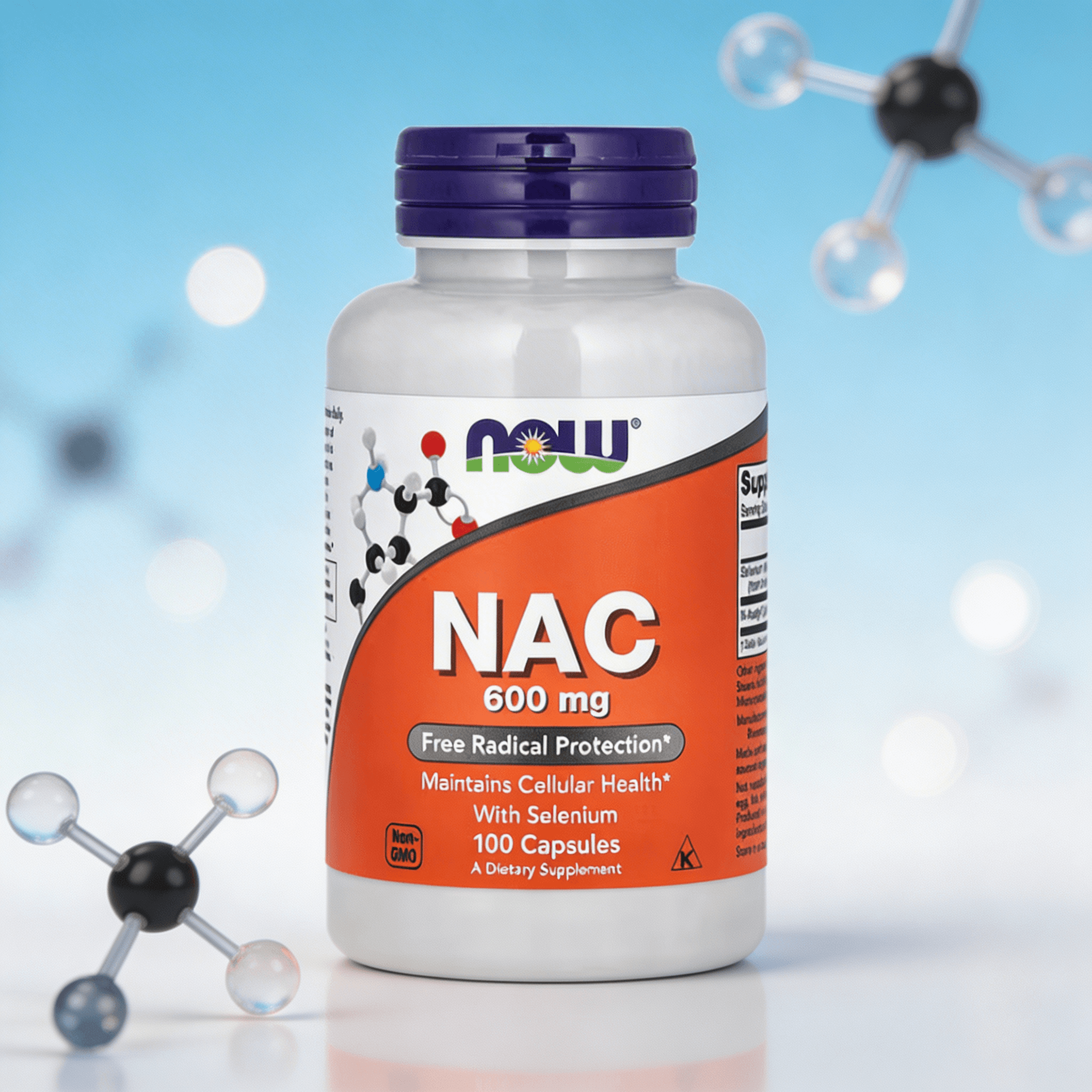 NAC med selen 600 mg fra NOW Foods, frontetikett.