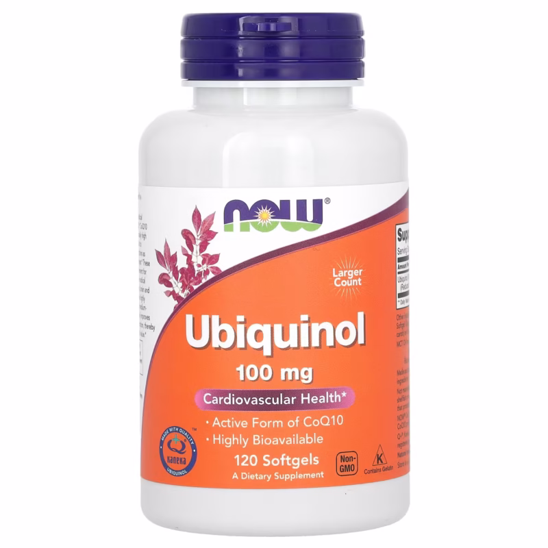 NOW Foods Ubiquinol 100 mg boks foran hvit bakgrunn