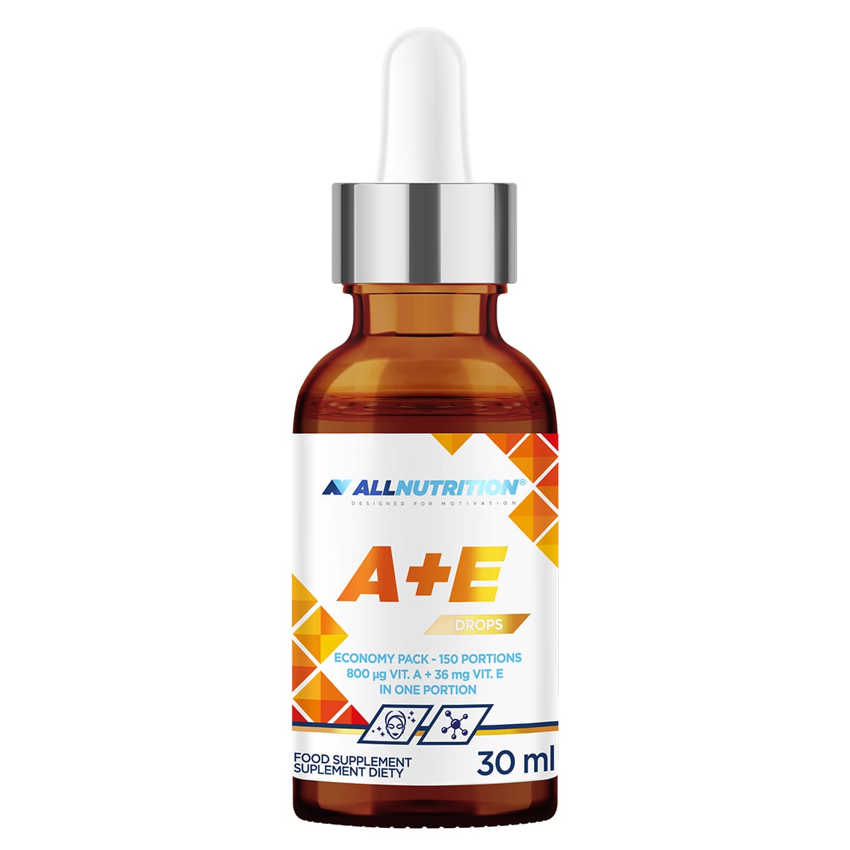 Vitamin A og E dråper for hud og syn - ALLNUTRITION A+E Drops 30ml flaske med pipette