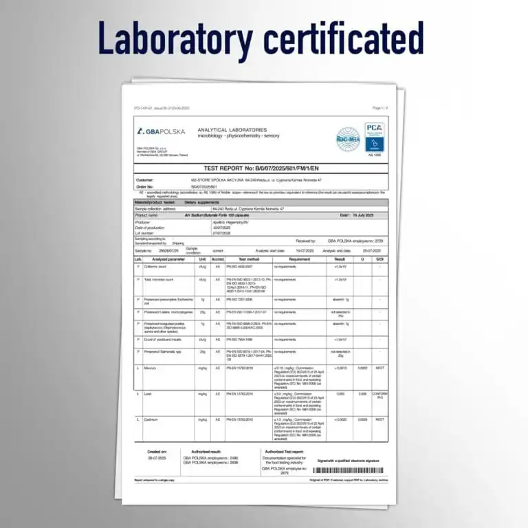 Laboratorietest som bekrefter renheten til Mikroinnkapslet Natriumbutyrat 500 mg (100 vkaps).