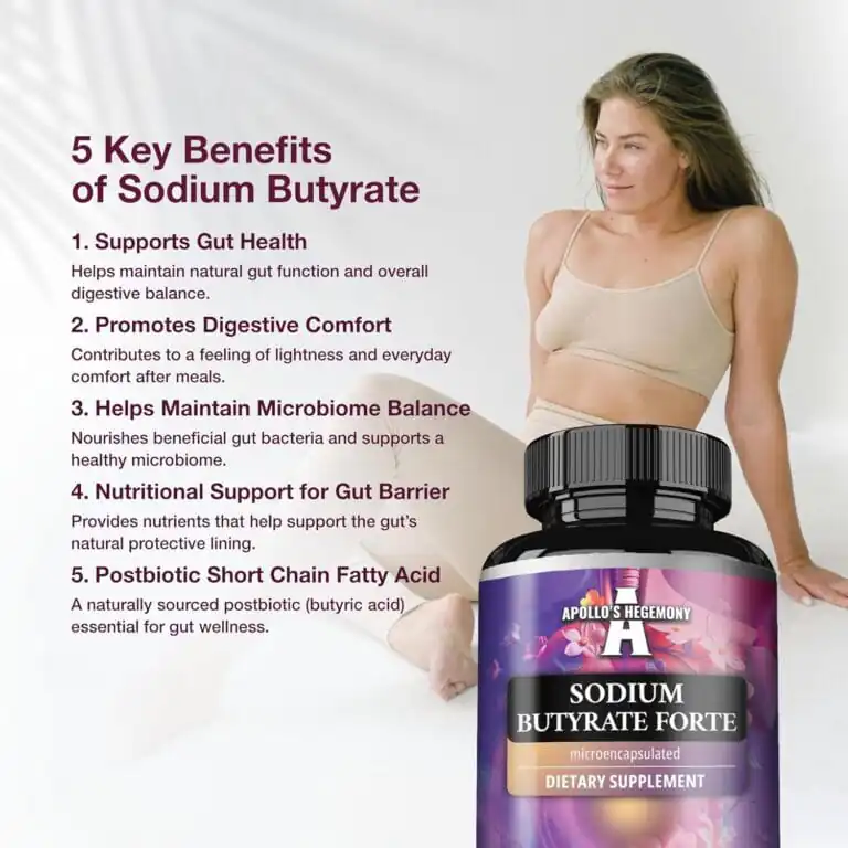 Fordeler med Mikroinnkapslet Natriumbutyrat 500 mg (100 vkaps) for tarmhelse og fordøyelseskomfort.