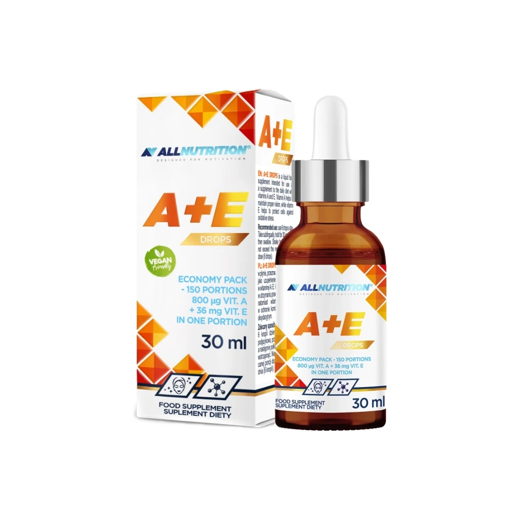 ALLNUTRITION A+E Drops 30ml flaske med pipette – flytende vitamin A og E dråper for hud og syn.