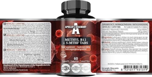 Full etikettvisning av Apollo’s Hegemony Metylkobalamin og 5-MTHF tabletter med instruksjoner
