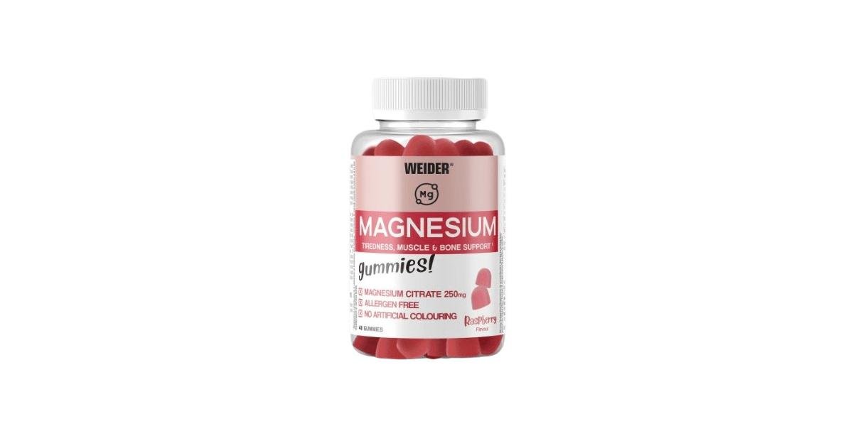 Weider Magnesium vingummi bringebær 48 stk – forside av boksen