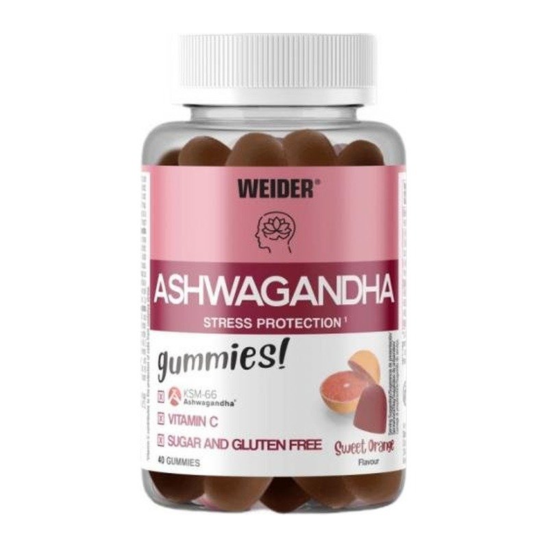 Weider Ashwagandha vingummi søt appelsin 40 stk – forside av boksen