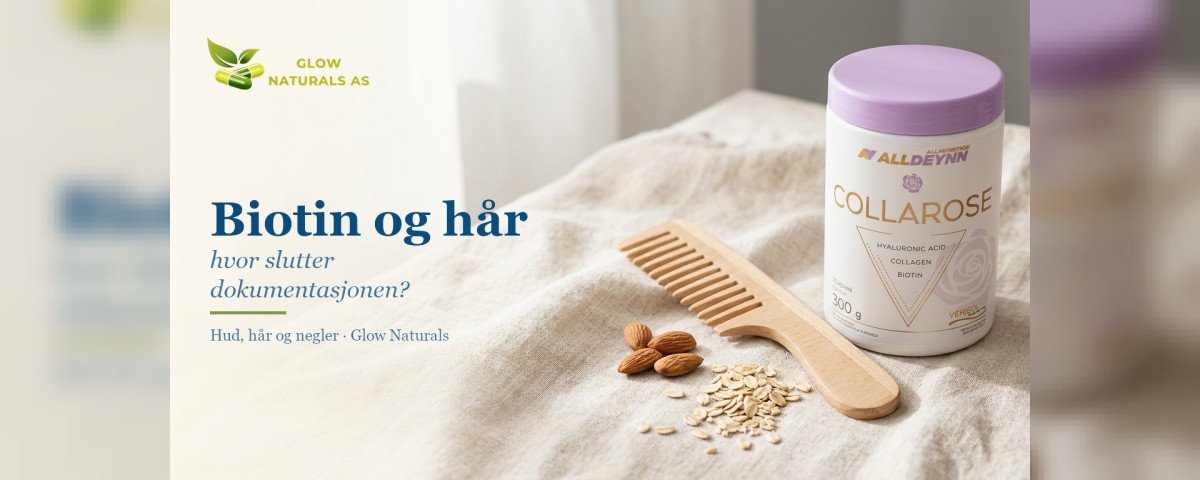 Biotin og hår: hvor slutter dokumentasjonen? Trekam, mandler, havregryn og Collarose-boks med biotin på lin i dagslys.