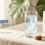 Kollagen: hva det er, og hvordan du velger. Glass med kollagenpulver som løses opp i vann, treskje og Collarose-boks i morgenlys.