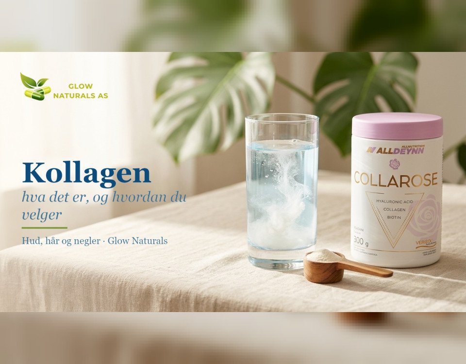Kollagen: hva det er, og hvordan du velger. Glass med kollagenpulver som løses opp i vann, treskje og Collarose-boks i morgenlys.