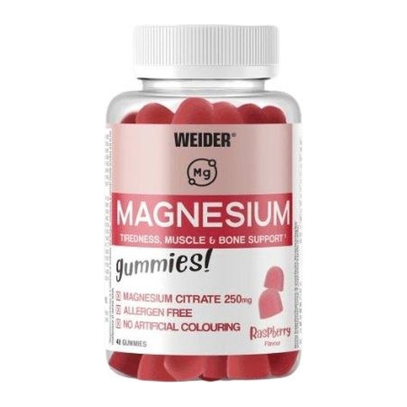 Weider Magnesium vingummi bringebær 48 stk – forside av boksen