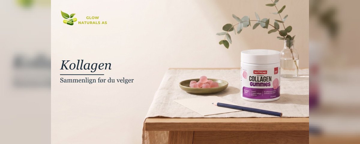 Kollagen: sammenlign før du velger. Boks med kollagen-vingummi, rosa vingummi i en olivengrønn skål, et blankt kort og en blyant på linduk i dagslys.