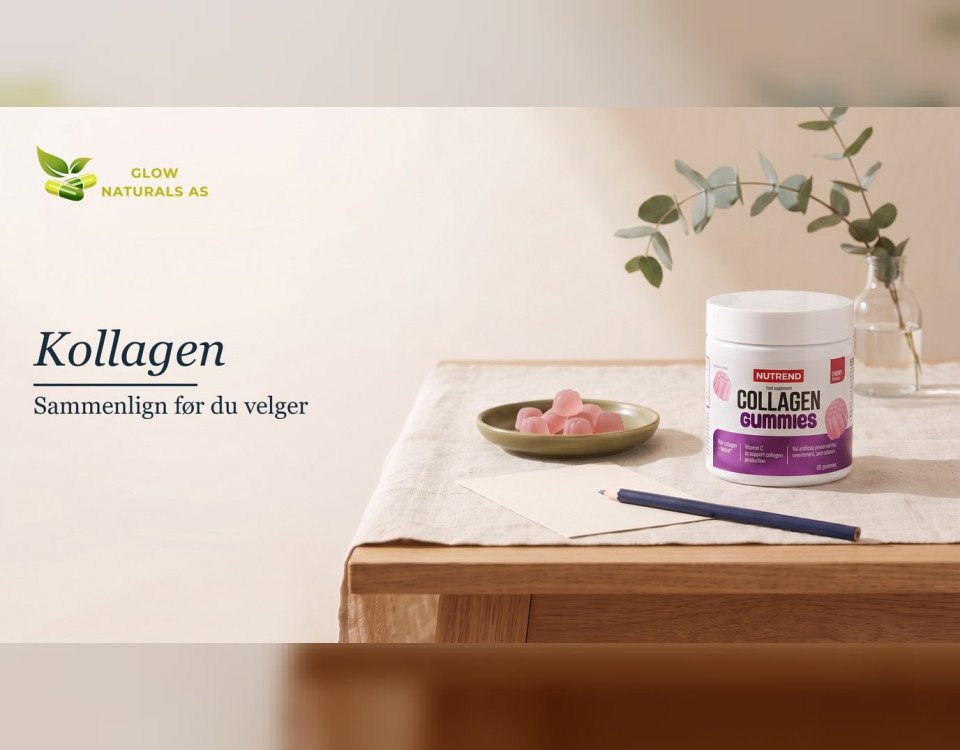 Kollagen: sammenlign før du velger. Boks med kollagen-vingummi, rosa vingummi i en olivengrønn skål, et blankt kort og en blyant på linduk i dagslys.