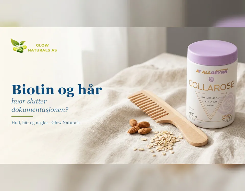 Biotin og hår: hvor slutter dokumentasjonen? Trekam, mandler, havregryn og Collarose-boks med biotin på lin i dagslys.