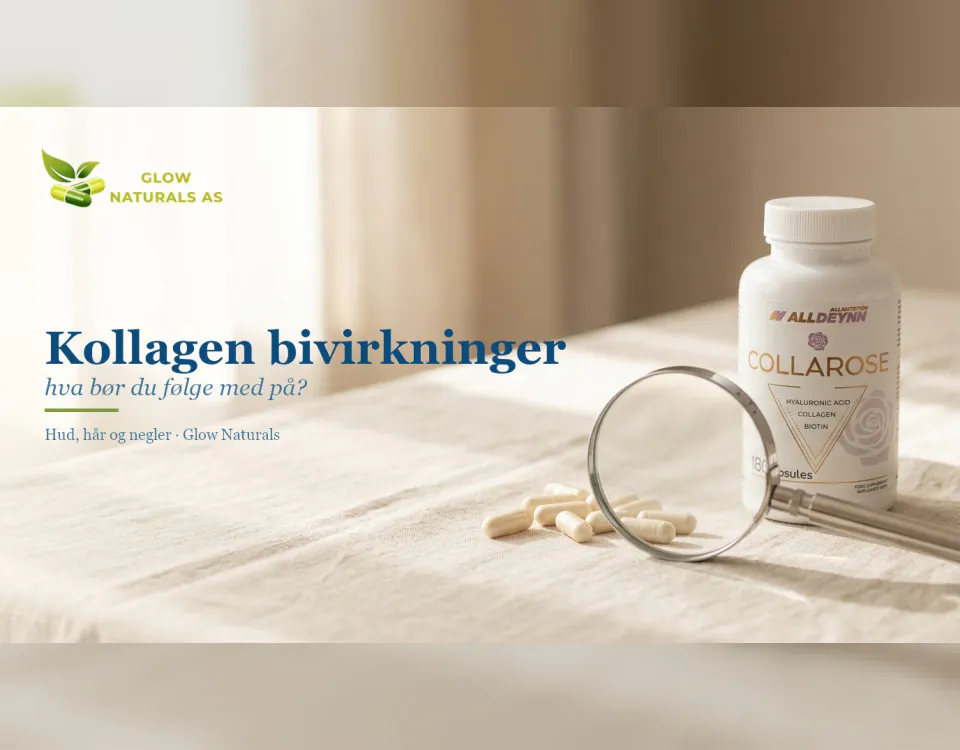 Kollagen bivirkninger: hva bør du følge med på? Collarose kapsler, forstørrelsesglass og noen kapsler på lin i dagslys.