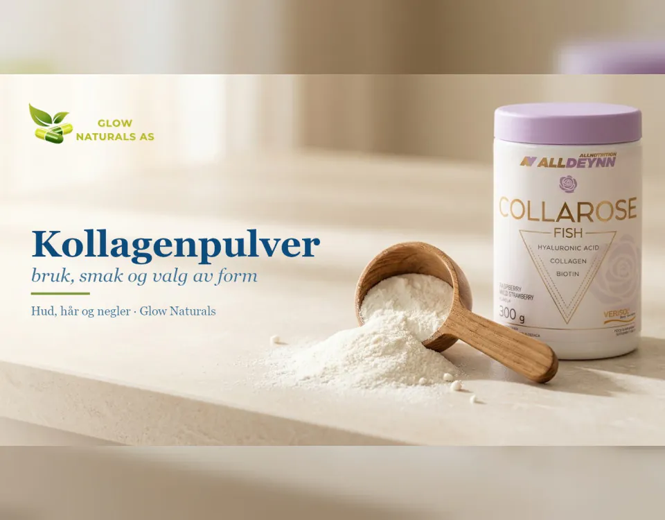 Kollagenpulver: bruk, smak og valg av form. Tremåleskje med kollagenpulver på lys stein og Collarose Fish-boks i dagslys.
